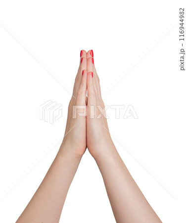 Hands in prayer position, reflecting peace and faith. Elegant manicure with polished nails, 116944982