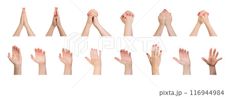 Intertwined entwined fingers and praying palms together, hands holding, grasping, grabbing gestures Intertwined entwined fingers and praying palms together, hands holding, grasping, grabbing gestures 116944984