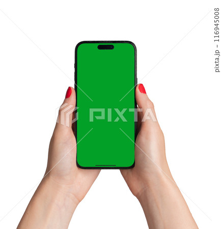Berlin Germany July 21 2024 Hand holding mobile phone screen mock up, showing iphone smartphone 116945008