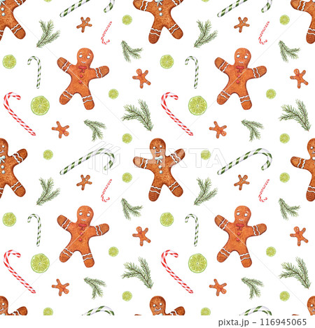 Xmas gingerbread man, spruce branch, candy cane and citrus slice. Seamless pattern of New Year symbols. Lime slices, cookies, sweets and evergreen. Watercolor illustration for textile, package Xmas gingerbread man, spruce branch, candy cane and citrus slice. Seamless pattern of New Year symbols. Lime slices, cookies, sweets and evergreen. Watercolor illustration for textile, package 116945065
