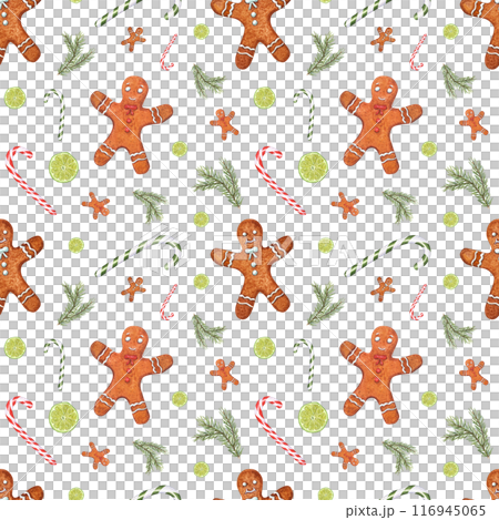 Xmas gingerbread man, spruce branch, candy cane and citrus slice. Seamless pattern of New Year symbols. Lime slices, cookies, sweets and evergreen. Watercolor illustration for textile, package Xmas gingerbread man, spruce branch, candy cane and citrus slice. Seamless pattern of New Year symbols. Lime slices, cookies, sweets and evergreen. Watercolor illustration for textile, package 116945065