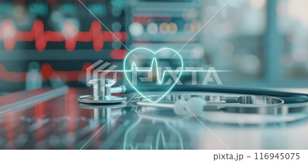 Stethoscope and Heartbeat Icon on Digital Background 116945075