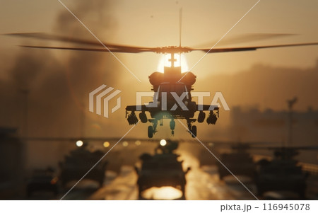 Military Helicopter Flying at Sunset 116945078