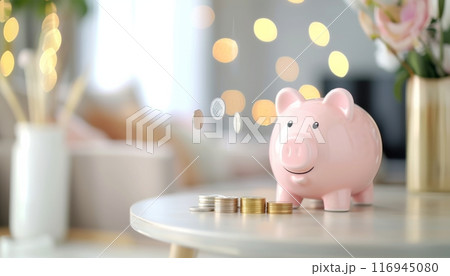 Pink Piggy Bank With Coins Falling Around It 116945080