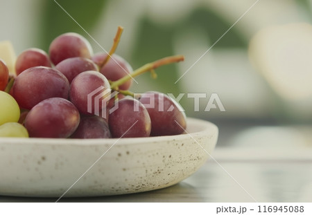 Green and Red Grapes on Wooden Tray 116945088
