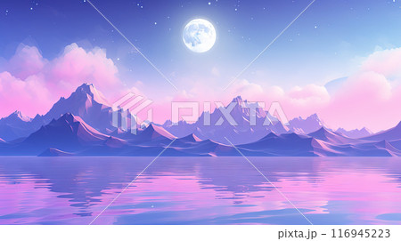 Pink landscape with moon over polygonal mountains. Calm surreal backround. Generated AI. 116945223