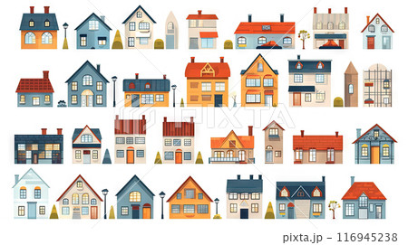 Set of cute residental houses in the neighborhood. Colorful architecture of suburb or village cottages. Generated AI. 116945238