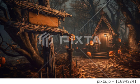 Signboard at the enty of dark fairytale village in Halloween style. Generated AI. 116945241