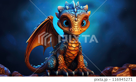 Young green dragon, mysterious creature from farytales and symbol of 2024 lunar year in Chinese calendar. Generated AI. 116945271