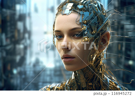Cyborg or digitally improved human. Artificial intelligence and technology concept with advanced woman. Generated AI. 116945272