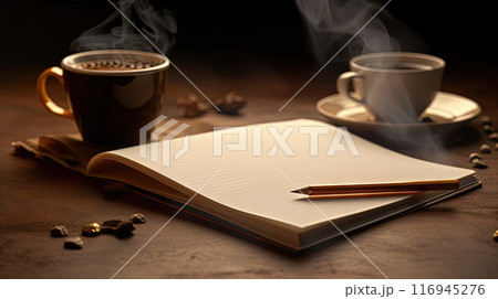 Cup of coffee and notepad with pen composition, top view. Generated AI. 116945276