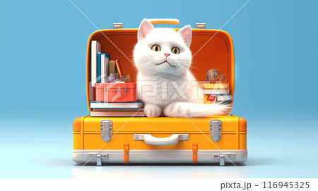 Cute white cat sitting in the suitcase. Sweet fluffy kitten is ready to travel. Generated AI. 116945325