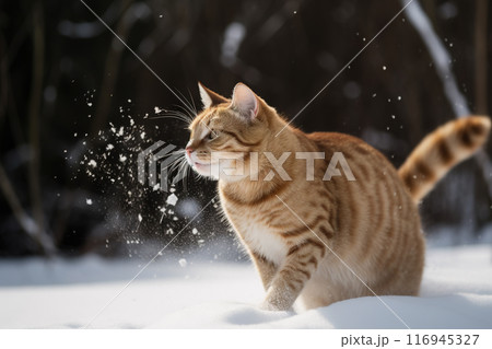 Cat playing in the snow in winter season. Cute kitten having fun with white snow. Generated AI. 116945327