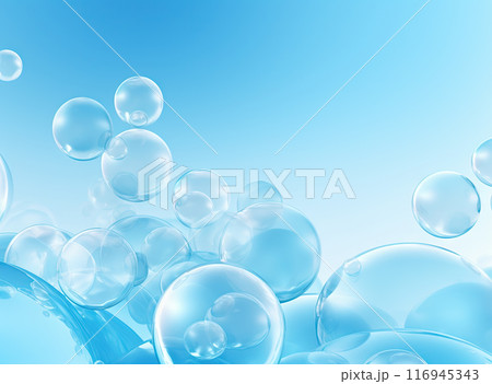 Soaring bubbles on blue background. Abstract soap bubbles floating background. Generated AI. Soaring bubbles on blue background. Abstract soap bubbles floating background. Generated AI. 116945343