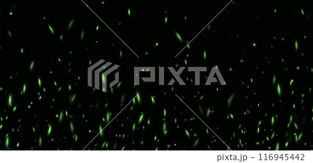 Green fire sparks, abstract glowing embers, heat sparkles, flying flame cinder. 116945442