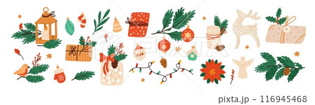 Cartoon Christmas tree decorations. Conifer branches. Winter holiday accessories. Glass ball toys on coniferous sprigs. Merry Xmas celebration. Gift boxes. Festive candle. Garish vector set 116945468