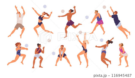 People play volleyball at beach. Players serving and hitting ball. Sports competitive game. Athletes in swimsuits and shorts. Volleyballers poses. Outdoor tournament. Garish vector set People play volleyball at beach. Players serving and hitting ball. Sports competitive game. Athletes in swimsuits and shorts. Volleyballers poses. Outdoor tournament. Garish vector set 116945487