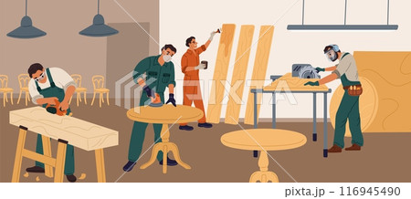 Professional carpenters make timber furniture. People in working uniforms. Woodworkers plan logs. Manufacture processing. Carpentry sawmill. Workers grind wood. Garish vector concept 116945490