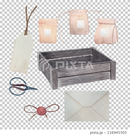 Wooden crate, price tag, wax sealing, scissors, tea bags, envelope watercolor set isolated on white. Rustic art for vintage design, flower shops, stickers, homemade tea, organic herbs labels, logo 116945505