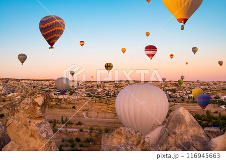 Hot air balloons in sunset sky Hot air balloons in sunset sky 116945663