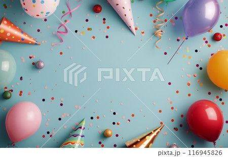 Birthday Party Decorations on Blue Background 116945826