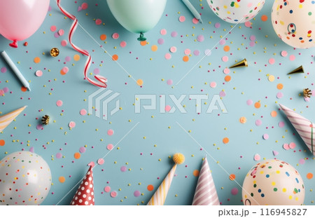 Birthday Party Decorations on Blue Background 116945827