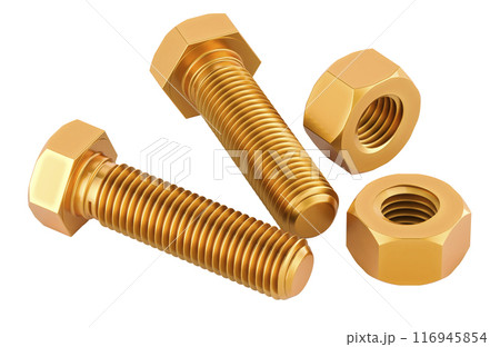 Copper bolts with nuts, 3D rendering Copper bolts with nuts, 3D rendering 116945854