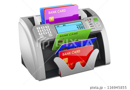 Currency counter with credit cards, 3D rendering Currency counter with credit cards, 3D rendering 116945855