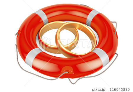 Golden wedding rings inside lifebelt. 3D rendering Golden wedding rings inside lifebelt. 3D rendering 116945859