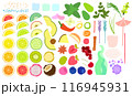 Fruits and berries big set. Vector flat illustration with texture, isolated 116945931