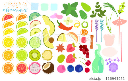 Fruits and berries big set. Vector flat illustration with texture, isolated 116945931