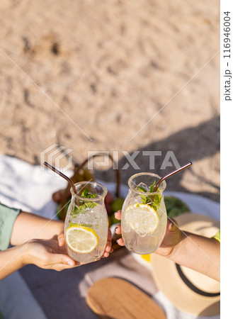 two girlfriends on a picnic with cocktails on the seashore 116946004