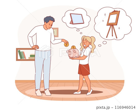Girl saves money. Dad helps daughter collect coins, parent puts cent in piggy bank, kids pocket expenses, financial literacy, cartoon flat isolated vector commercial education concept Girl saves money. Dad helps daughter collect coins, parent puts cent in piggy bank, kids pocket expenses, financial literacy, cartoon flat isolated vector commercial education concept 116946014