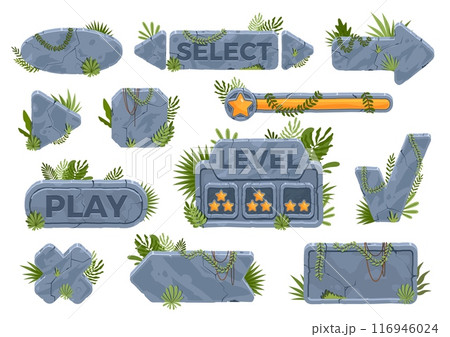 Stone panels with jungle plants. GUI elements, tropical leaves, blank interface bars, sliders, buttons with rock texture, game icons, arrow and pointer, isolated nowaday vector set 116946024