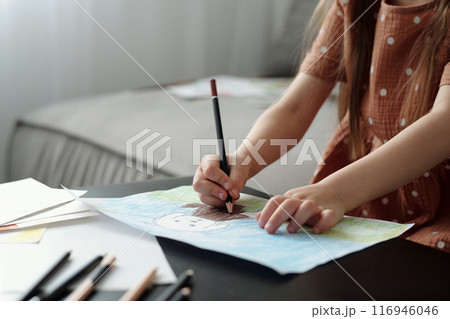 Little girl drawing picture of her pet 116946046