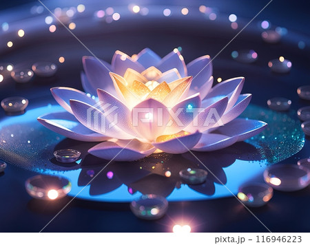 the image of a white lotus flower in full bloom with a radiant light and a starry night sky background the image of a white lotus flower in full bloom with a radiant light and a starry night sky background 116946223