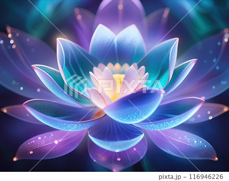 a digital artwork of a glowing lotus flower: 116946226