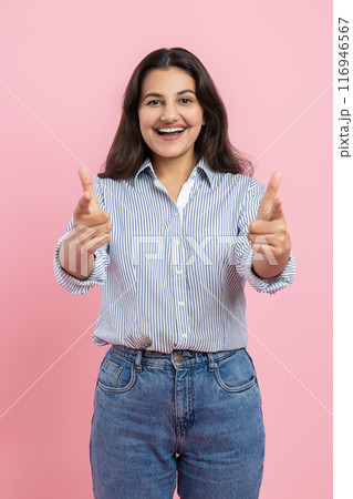 Excited positive Indian woman gesturing thumbs up 116946567