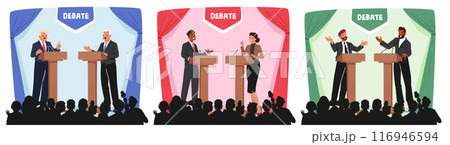 Politician Characters Debate Political Issues On Stage Before An Engaged Audience. Diverse Middle-aged Men or Women Politician Characters Debate Political Issues On Stage Before An Engaged Audience. Diverse Middle-aged Men or Women 116946594