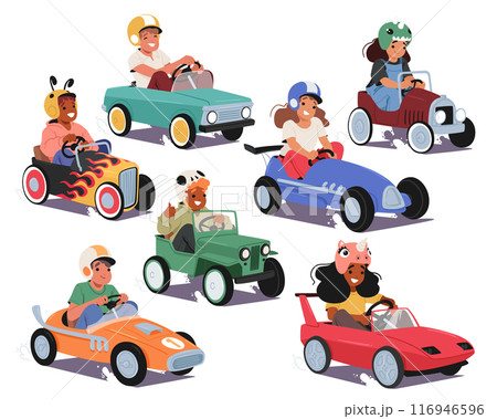 Cartoon Children Characters Engaged In A Playful Pedal Car Race, Each Car Uniquely Designed, Vector Illustration Cartoon Children Characters Engaged In A Playful Pedal Car Race, Each Car Uniquely Designed, Vector Illustration 116946596