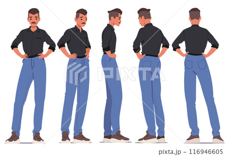 Man In Various Poses And Angles To Highlight Aspects Of His Attire And Physique. Male Character Wears A Stylish Shirt 116946605