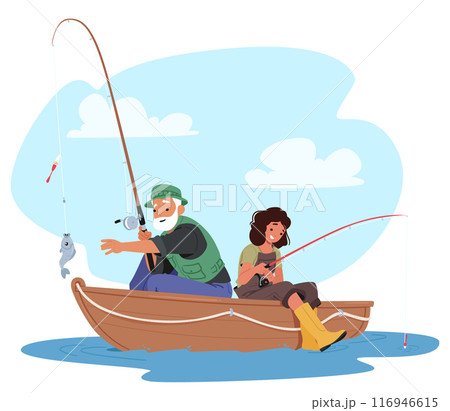 Elderly Man And Young Girl Engage In Fishing From A Small Boat, Focusing Intently On Their Fishing Rods 116946615