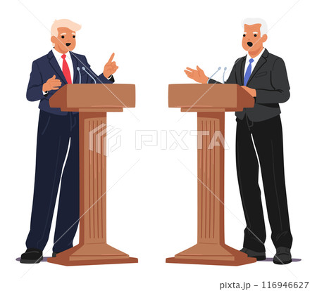Two Senior Male Politician Characters Passionately Discuss Issues During A Debate, Engaging With Each Other Two Senior Male Politician Characters Passionately Discuss Issues During A Debate, Engaging With Each Other 116946627