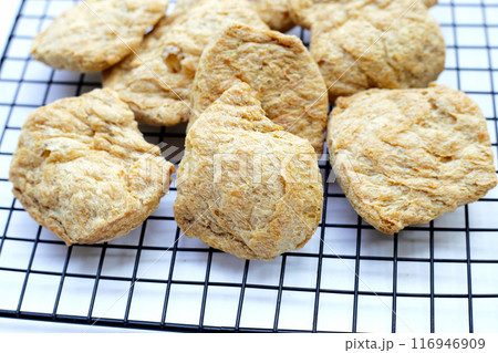 Textured soy protein on cooling rack. 116946909
