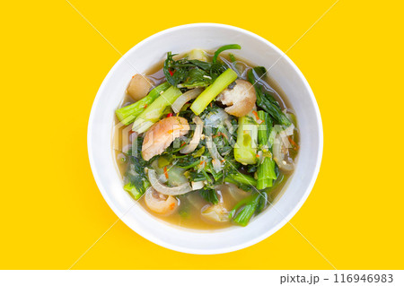 Thai spicy soup with pork skin and vegetables Thai spicy soup with pork skin and vegetables 116946983