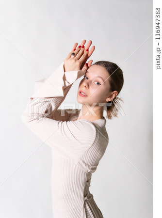 studio beauty lady fashion elegant dress white beautiful attractive woman model style young 116947388