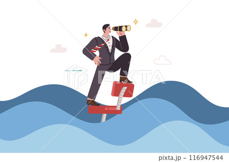 Brave business man floats in office chair on waves and looks to future in search of opportunities 116947544