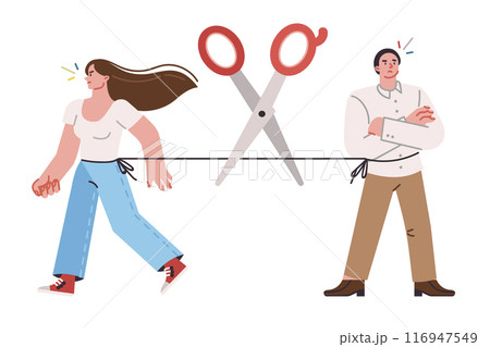 Dissolution of man and woman who failed in choosing partner for marriage, with scissors cutting bond 116947549