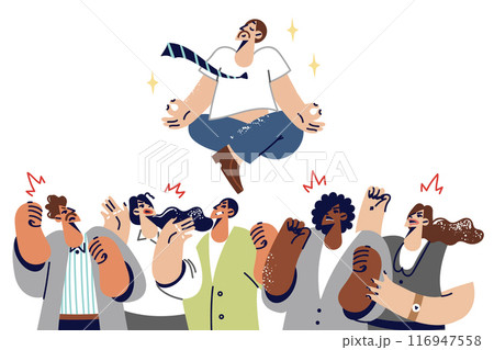 Man practicing yoga out for calmness among angry colleagues, levitating in lotus position Man practicing yoga out for calmness among angry colleagues, levitating in lotus position 116947558