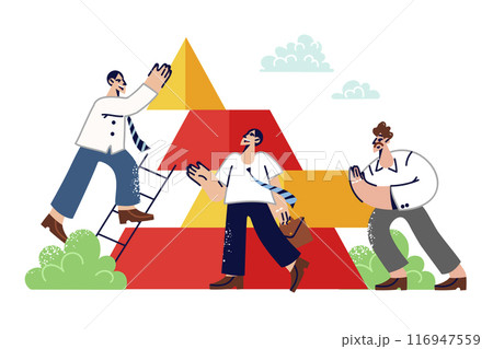 Business men are engaged in team building, placing blocks on top of each other. Business men are engaged in team building, placing blocks on top of each other. 116947559